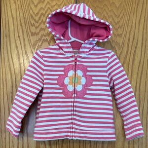 Girls' Pink Stripe Hooded Zip-Up Top with Flower Applique 2T 3T
